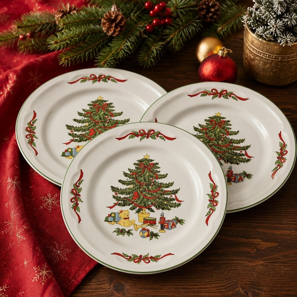 Vitromaster Christmas Tree Salad Plates 7.75"  Set Of 3 Festive Cottagecore